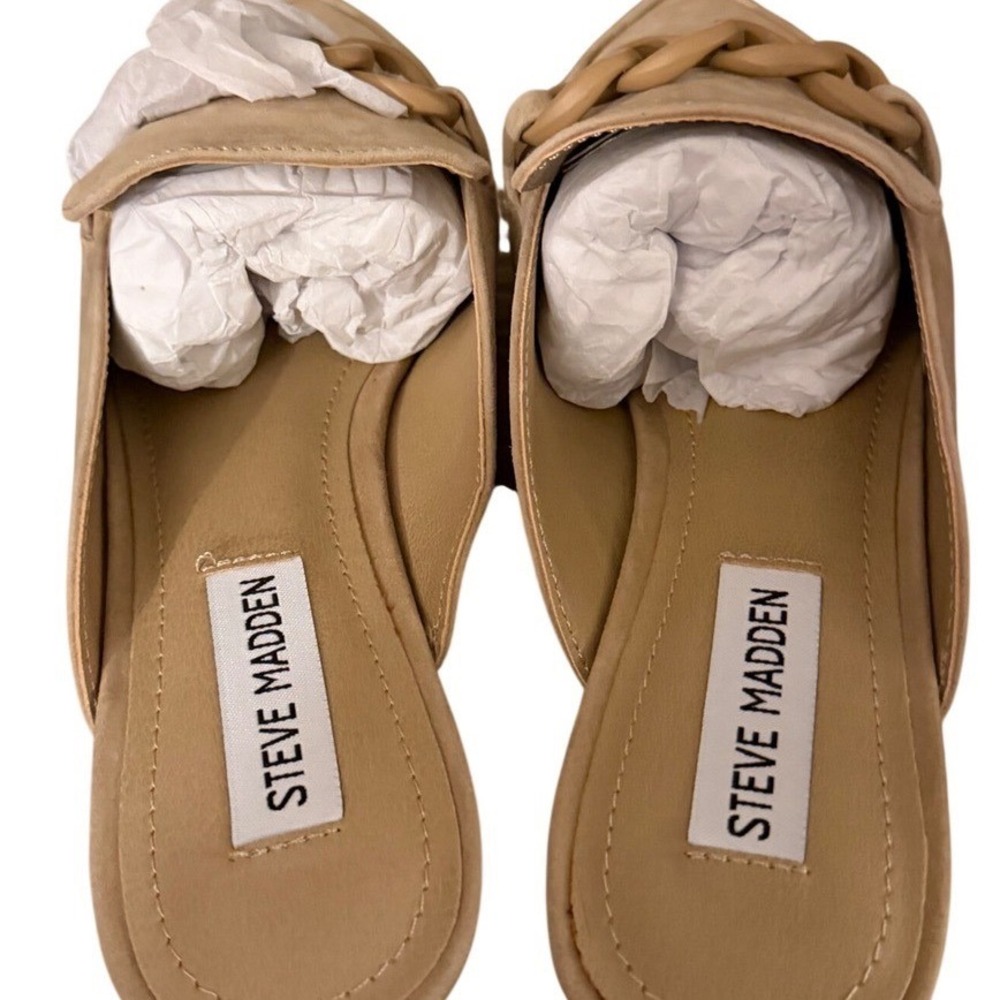 Steve Madden Forte Tan Suede Chain Link Mules Women 8.5 Pointed Toe Flat Loafers - Picture 4 of 11